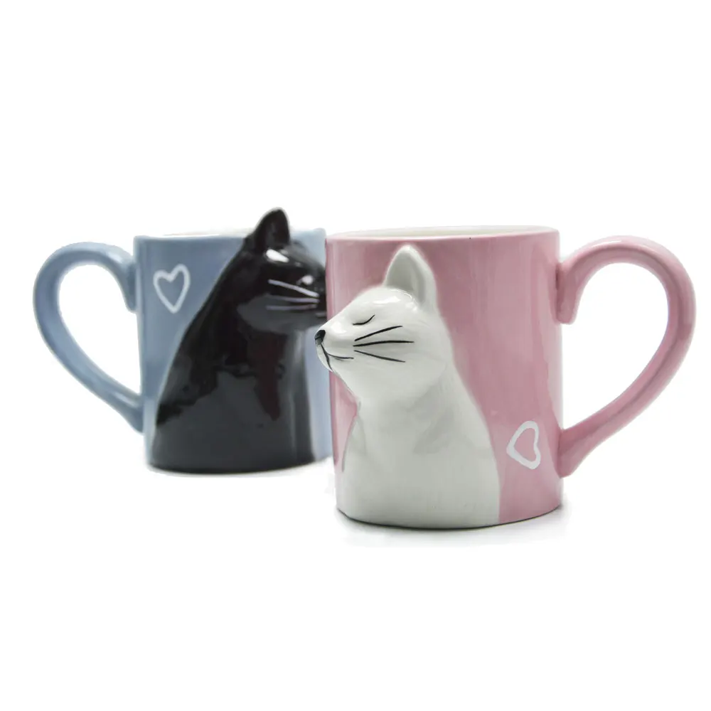 2-PCS Kiss Cat Coffee Couple Handmade Mug, Funny Tea Ceramic cup set for Bride and Groom, Matching Gift for Engagement Wedding