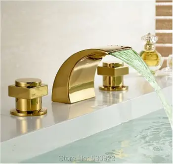 

Newly Modern Fashion 3Pcs Golden Polished Bathtub Faucet Tub Tap LED Color Changing Mixer Tap Luxury Dual Handles Deck Mounted