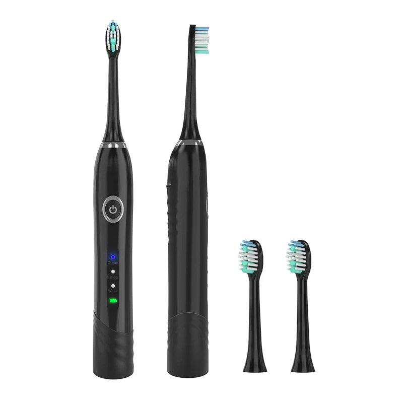 Электрическая ультразвуковая зубная щетка умная с 2 сменными щеточными головками гигиеническая USB аккумуляторная батарея водонепроницаемая - Цвет: Classic Black