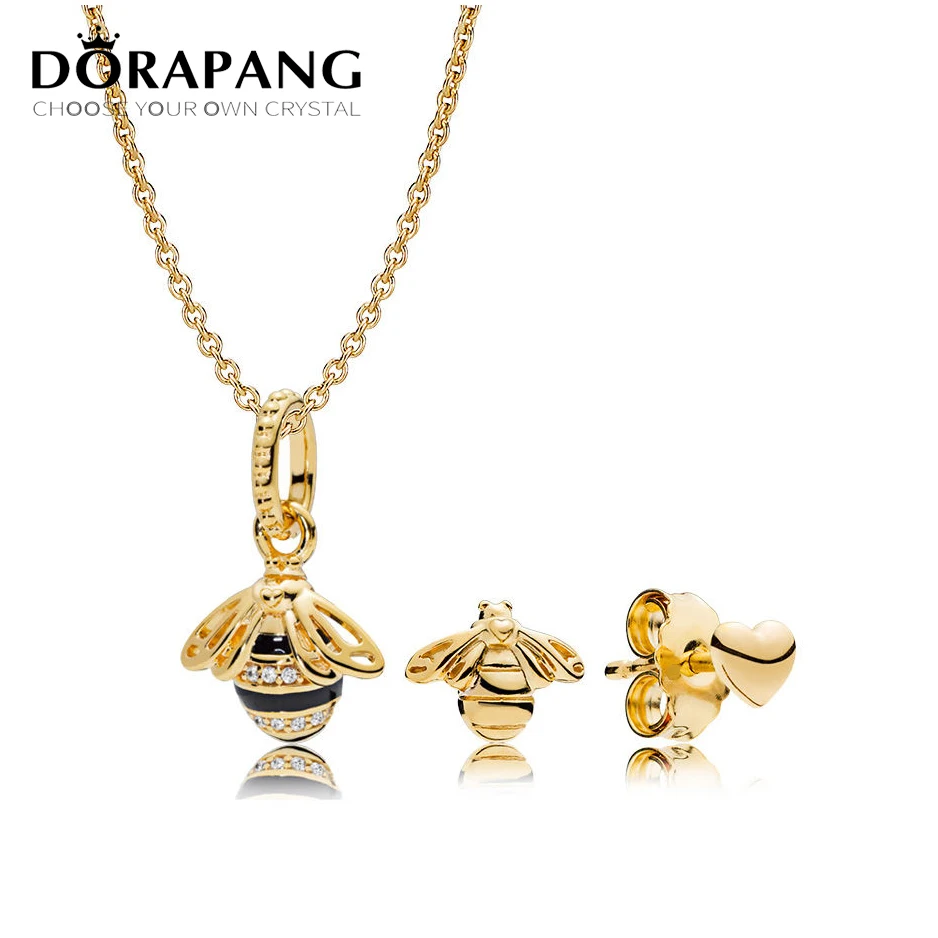 

DORAPANG 2018 NEW 100% 925 Sterling Silver New 1:1 Genuine Cute Bee 18 Gold Necklace Earrings Pendant Chain Jewelry Set