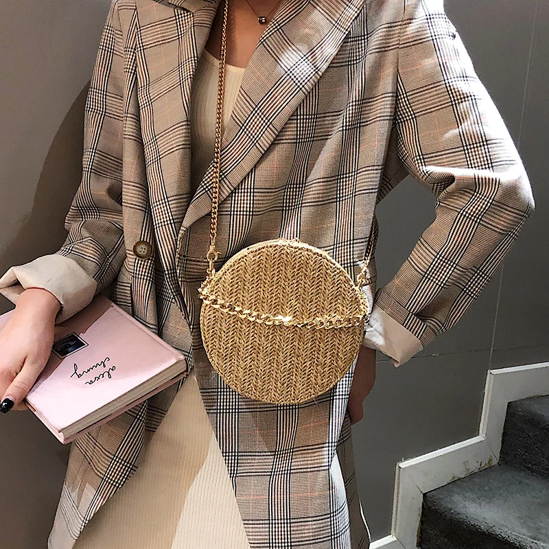 Hand-woven Round Woman's Shoulder Bag Handbag Bohemian Summer Straw Beach Bag Travel Shopping Female Tote Chain Bags