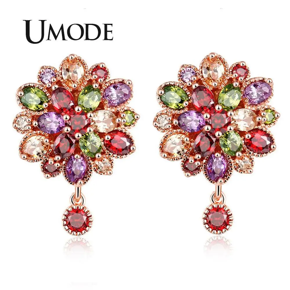

UMODE Colorful Rose Gold Flower Drop Earrings Cubic Zirconia CZ Dangle Earrings Wedding Jewelry For Women Girls Gifts UE0585