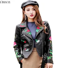 LXUNYI Новое поступление осеннее черное кожаное пальто с вышивкой Женская байкерская куртка с поясом женские кожаные куртки и пальто