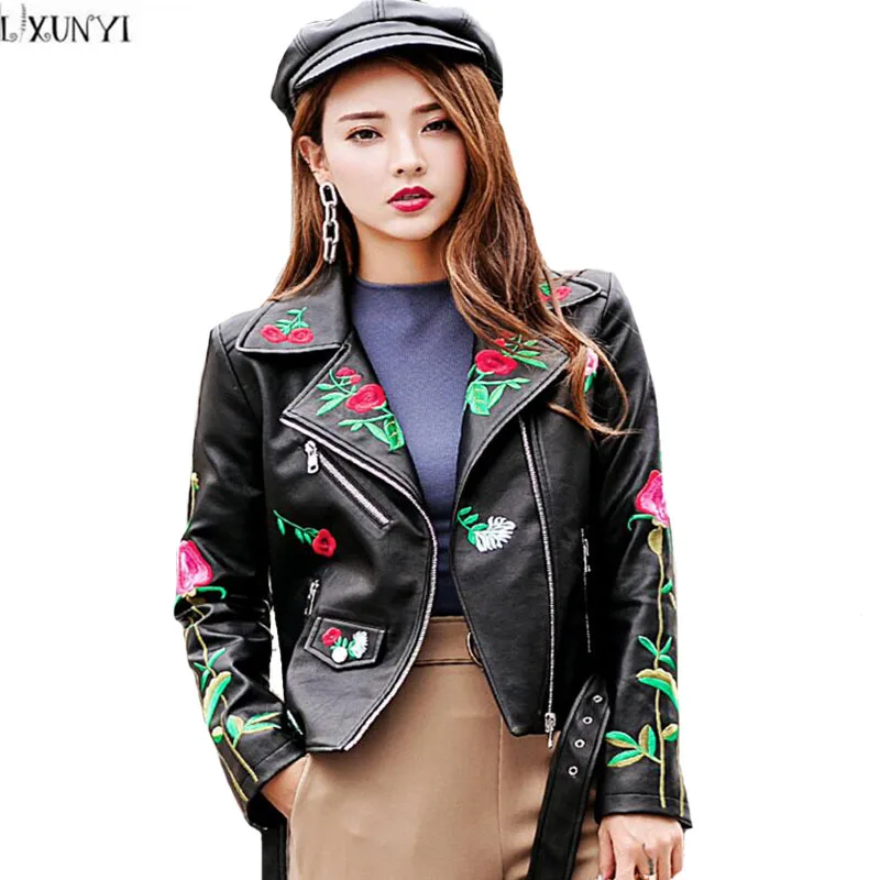 LXUNYI New Arrival Autumn Embroidery Black leather Coat Women With Belted Ladies Biker jacket Womens leather jackets And Coats