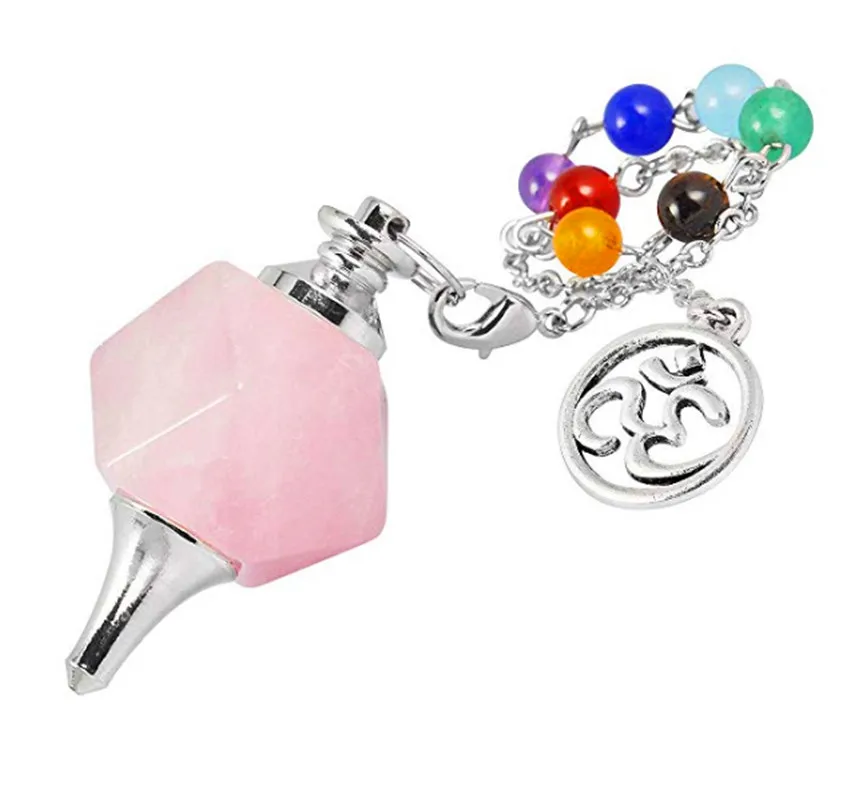 

FYJS Unique Chakra Jewelry Silver Plated Magic Polygon Natural Rose Pink Quartz Pendant with Chain 3D Jewelry