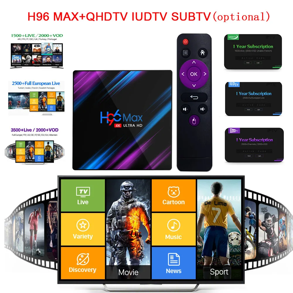 

Smart TV Box H96 Max Android 9.0 Set Top Box Dual Wifi 4K HD Arabic Italy French Online IPTV Code Subscription 3500+Live Channel