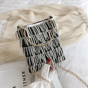 

2020 new women pearl tassel shoulder bags mini bucket bags for girls summer cross body bags with chain drop shipping MN1366