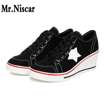 

Fashion Women High Wedge Canvas Shoes Woman Casual Shoes Comfortable Lace Up Platform Sneakers Wedges Denim Shoes Breathable