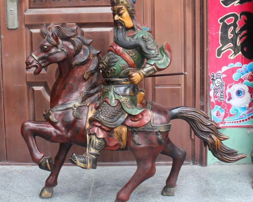 

108CM Huge Bronze Painting War Dragon Guan Gong Yu Warrior God Guangong Horse