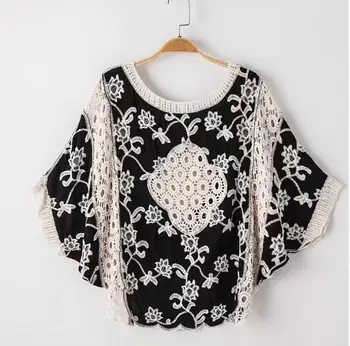 

Women's spring summer batwing sleeve hollow out lace shirt Female casual loose Chic sunscreen Tops Basic Tees TB764