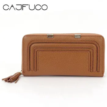 

CAJIFUCO Vintage Women Long Wallet Genuine Leather Carteira Minor Metal Credit Card Holder Zip Coin Purse Tassel Phone Clutch