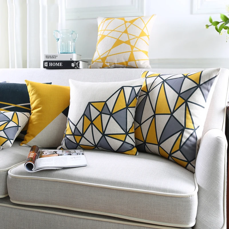 

Wholesales Linen Pillow Cover Geometric Yellow Grey Triangle Block Cushion Cover Home Decorative Pillow Case 45x45cm/30x50cm