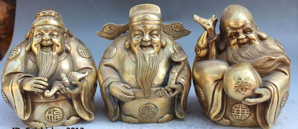 

5" Marked Chinese Fengshui Bronze Stand Longevity God Fu Lu Shou Life Statue Set R0707 B0403