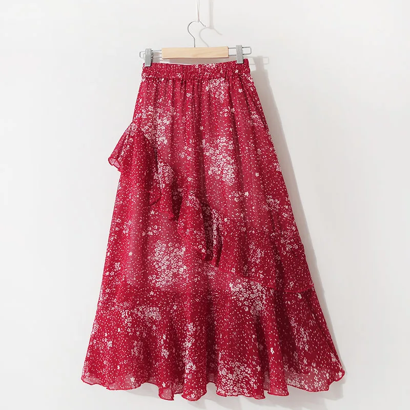 Шифоновая Женская юбка, летняя, высокая талия, длинная, с оборками, цветочные юбки, прозрачная, миди, бохо, юбка, красная, богемная, Пляжная, Saias, одежда