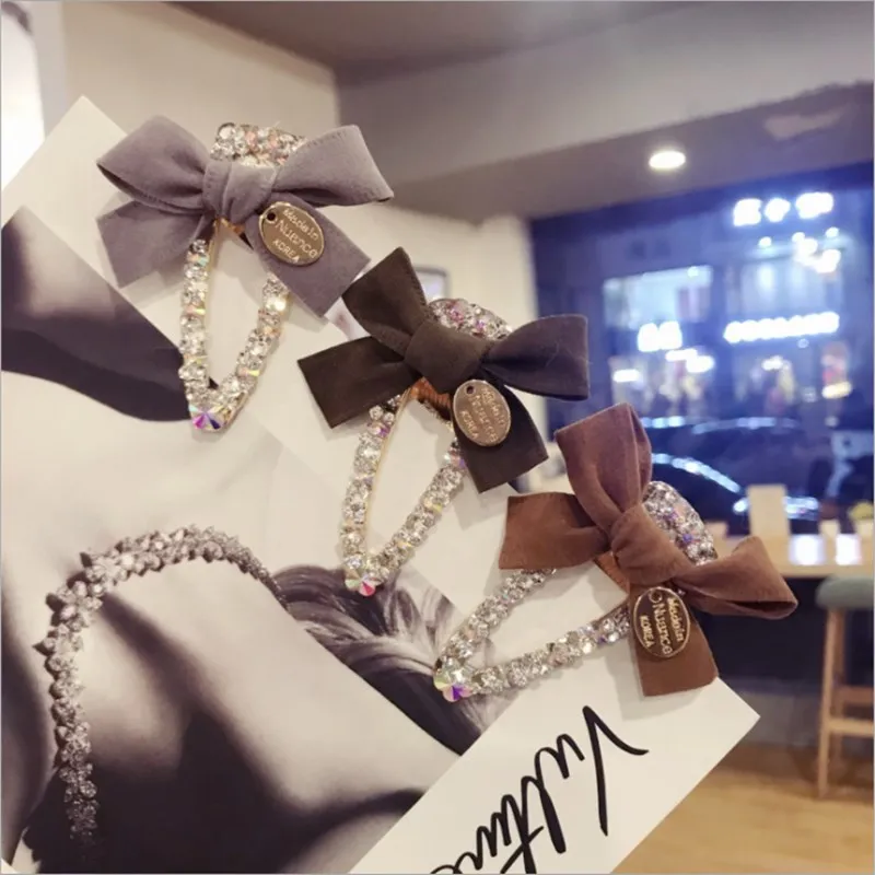 

New fashion boutique hair accessories women's flannel bow with diamonds super flash side clips high-end cute hairpin hairpin gir