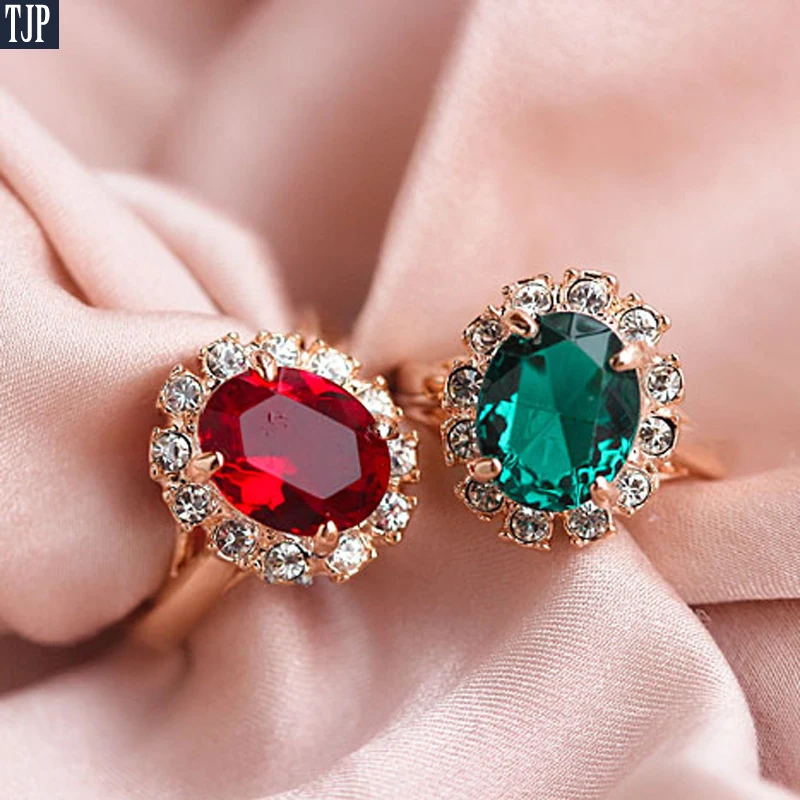 Women Rings Stainless Steel 2018 Bague Femme Bijoux Rose Gold Red Green Crystal Cocktail Wedding Ring Female Indian Jewelry Gift