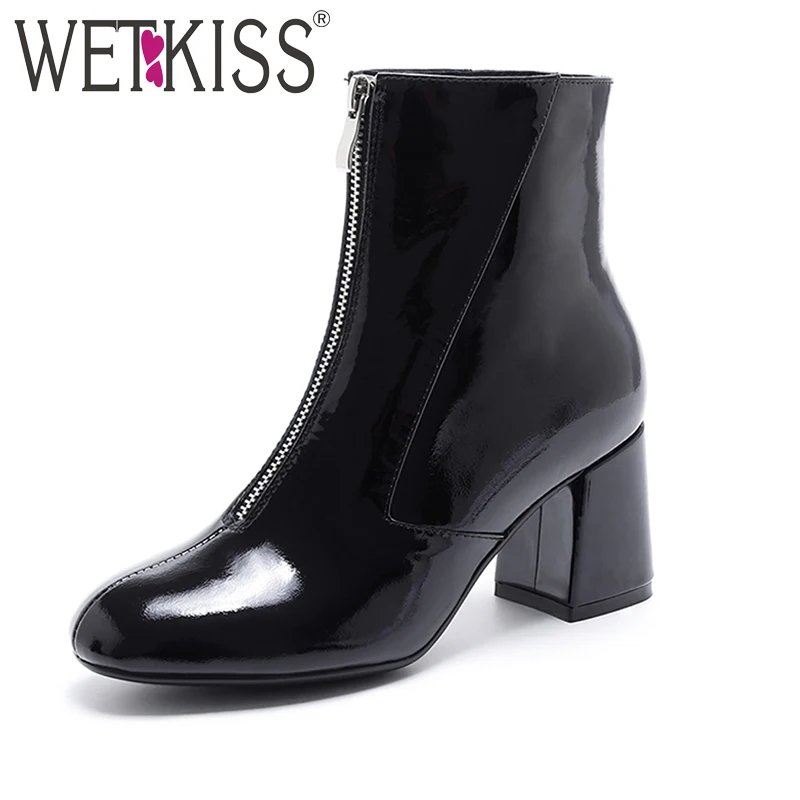 

WETKISS 2018 Patent Cow Leather Women Ankle Boots Front Zipper Design Shoes Woman High Thick Heels Fashion Boot Female