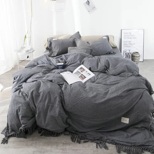 100% Washed Cotton solid color Tassels Bedding Set Soft Duvet Cover Sets Bed Sheet Pillowcases Twin Queen King size 3/4pcs | Дом и сад