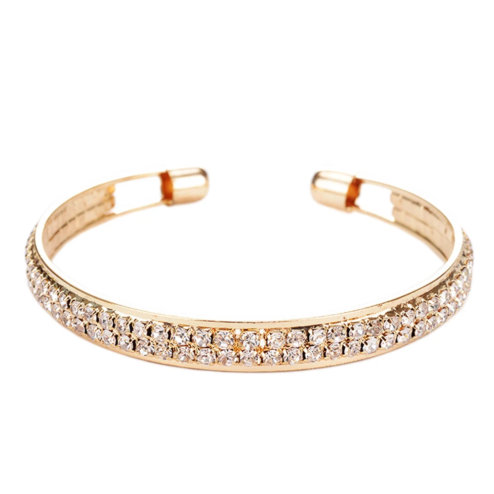 Latest Fashion Women 2 Row Crystal Gold Sliver Adjustable Open Bracelet