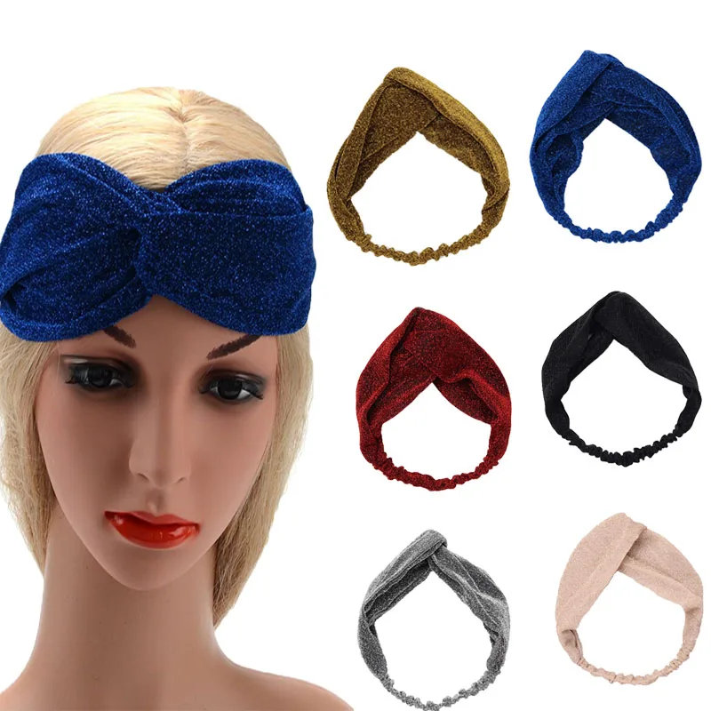 

Pleated bright silk Glitter with shiny solid color women's hair with cross flash headband mesh hair accessories wash hair band