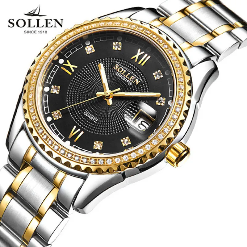 

2017 SOLLEN Luxury famous brand All steel Mens Watches Rhinestones Waterproof Quartz-watch Automatic date relojes hombre