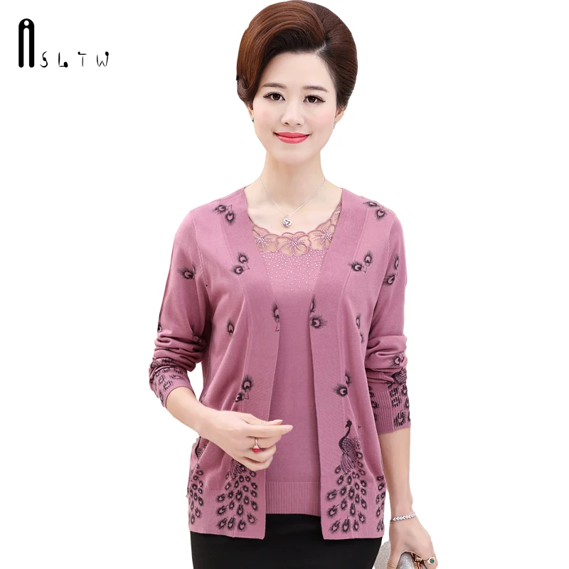 

ASLTW 2 Piece Set Sweater for Women Fashion Spring Autumn Print Cardigan Plus Size Leisure Short Sleeve Shirt + Cardigan Suits