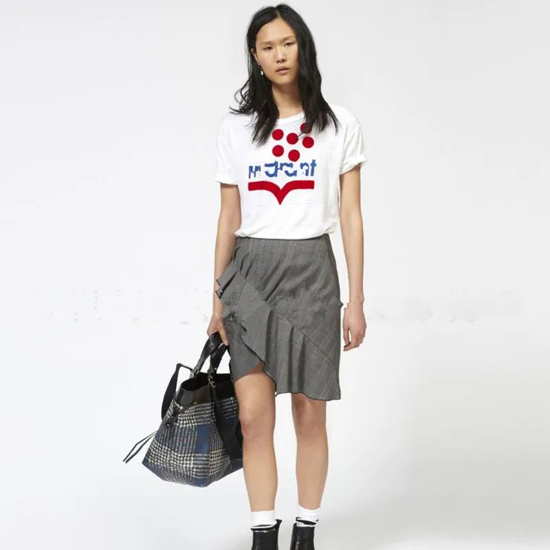 

2019SS Latest Linen 100% Letter Flocking Short Sleeve Tees Top Women/Female White/Black Flocking Printing T Shirt/Tshirt