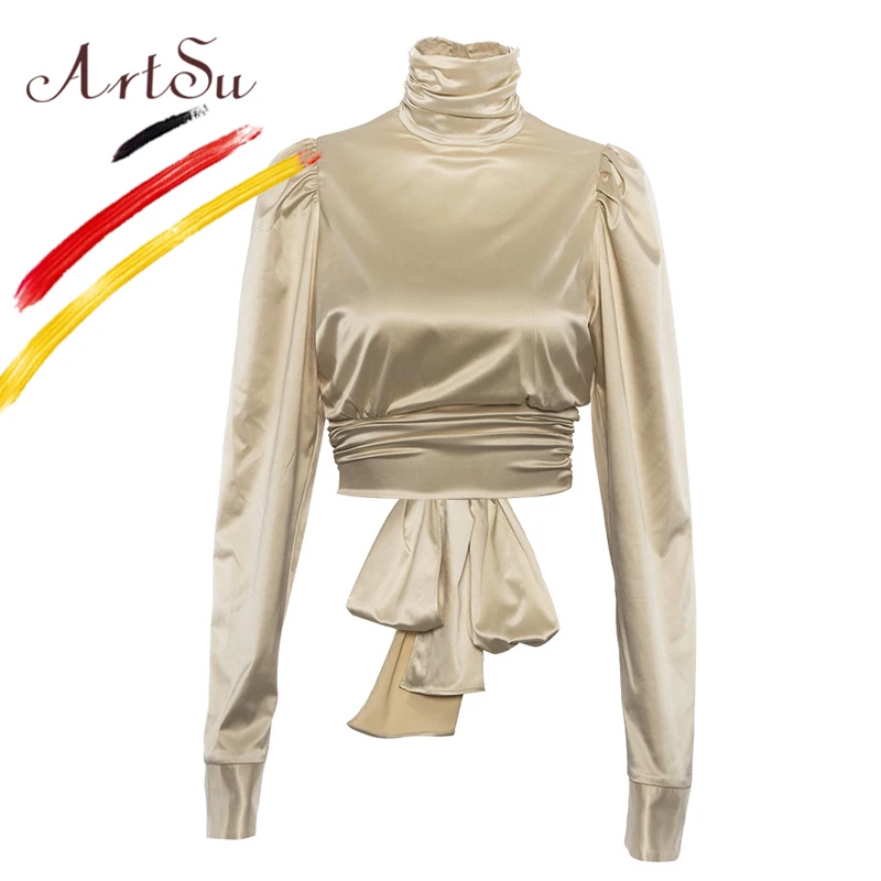 Женская атласная блузка ArtSu шелковая золотистая с рукавами фонариками