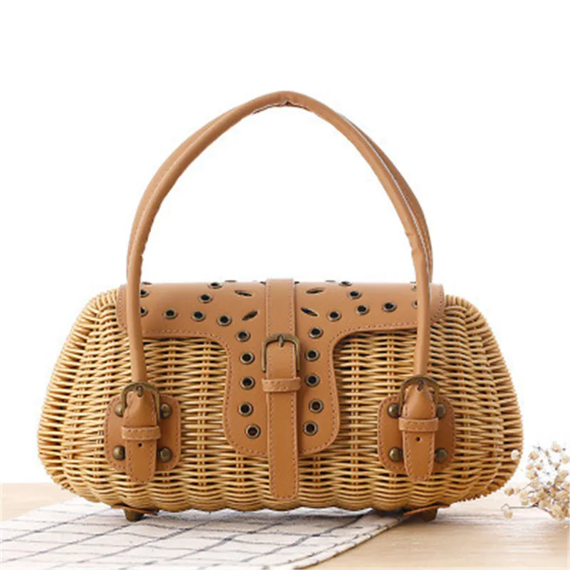  Patch Mini Bag Straw Bags New Personality Brass Canes Rattan Straw Bags Japanese Rivets Handkerchie