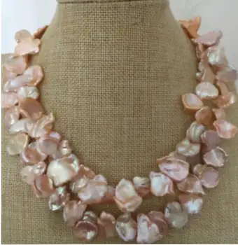 

Beautiful 2row 11-13mm baroque gold pink pearl necklace 18"-19"