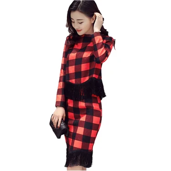 

2018 New Spring Womens Plaid Set 2 piece set women Fashion long-sleeved shirt female Package hip Skirt two piece set lj145