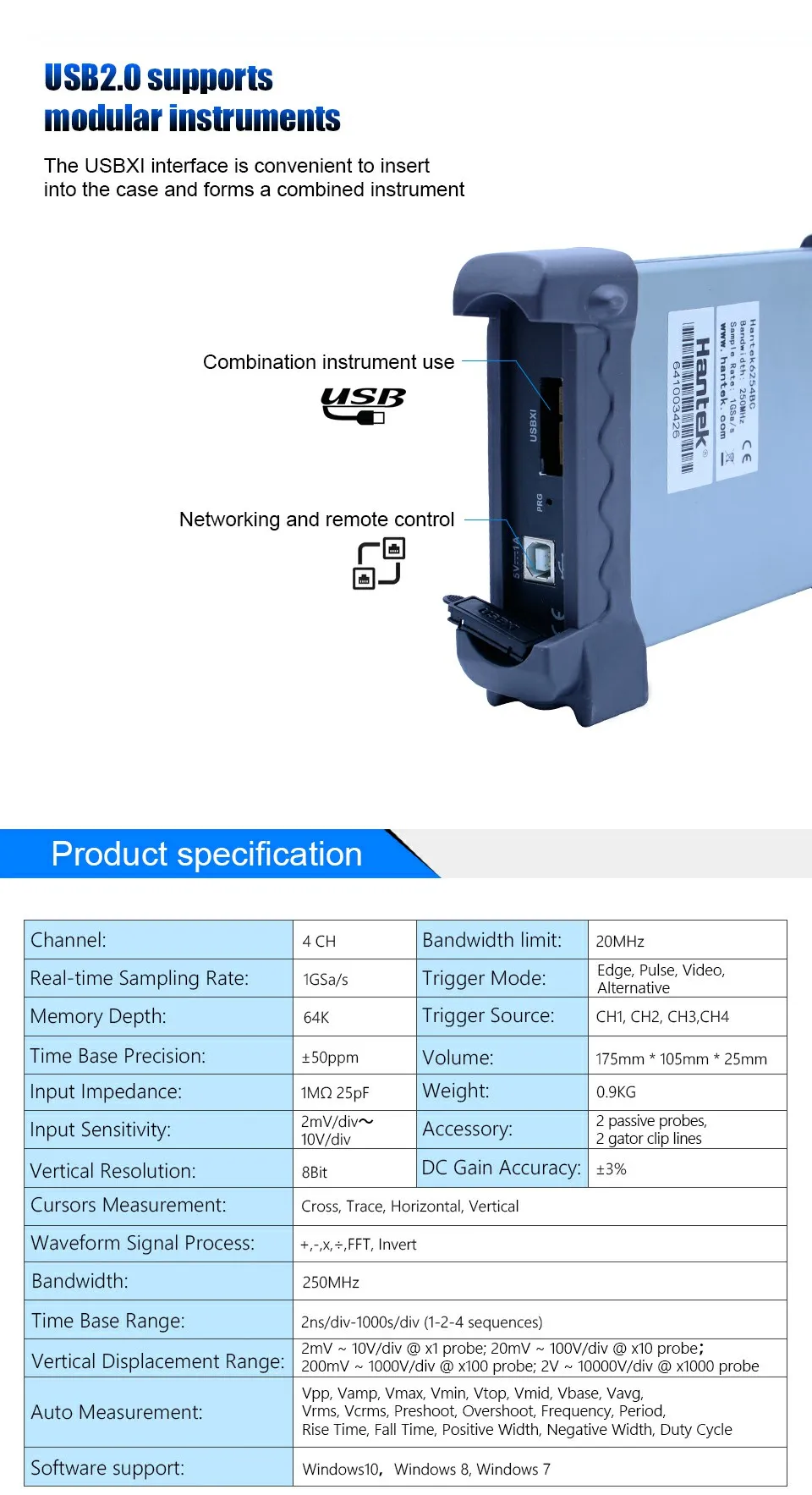 Hantek 6254BC цифровой осциллограф 250 МГц 4 CH 1GSa/s запись сигнала ПК USB подключение с функцией воспроизведения