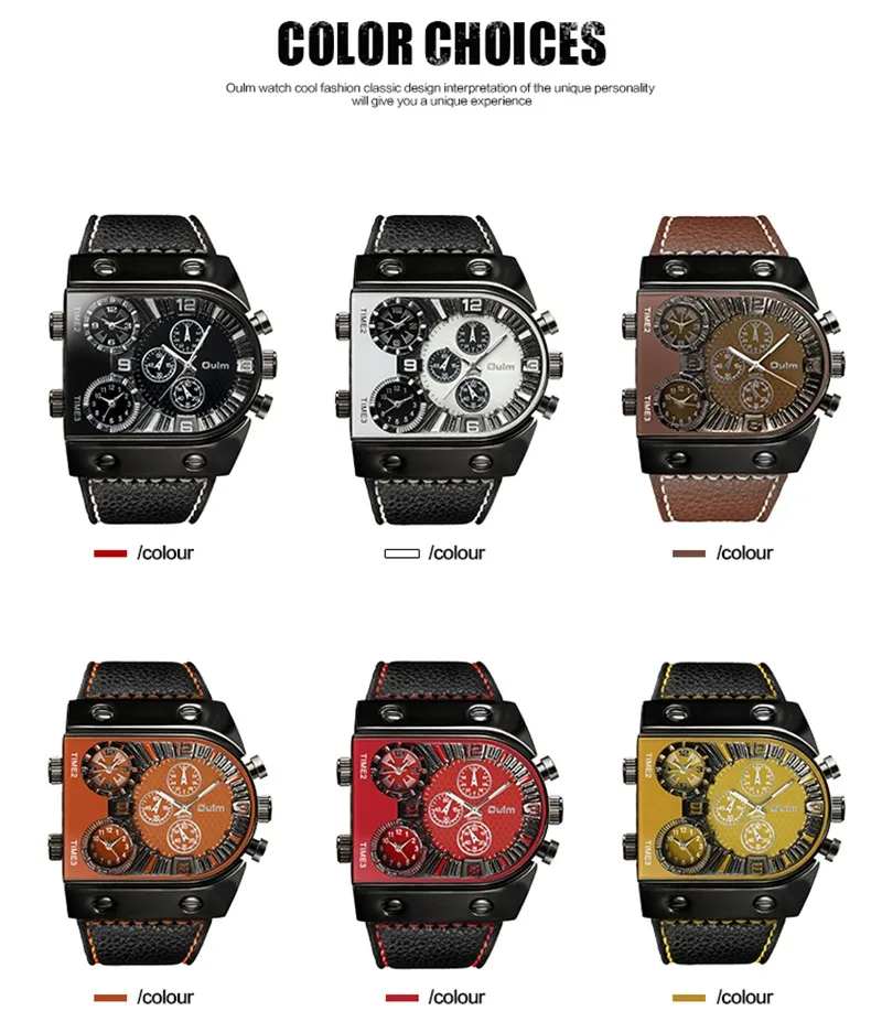 Oulm Men's Watches Mens Quartz Casual Leather Strap Wristwatch Sports Man Multi-Time Zone Military Male Watch Clock relogios