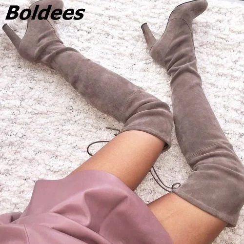 Suede Chunky Heel Thigh High Boots Women Classy Solid Color Slip-On Lace Up Long Boots Cerebrities 