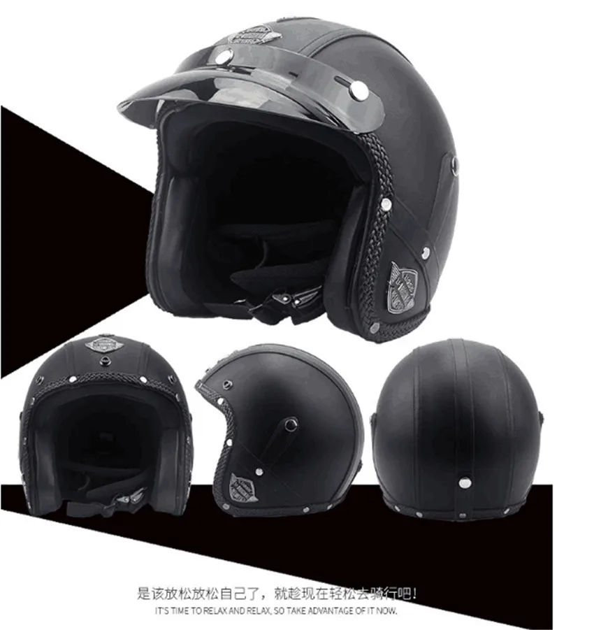 Винтажный дизайн, черный, коричневый мотоциклетный шлем на половину лица с очками, Ретро стиль, из искусственной кожи, с открытым лицом, Круизер, скутер, шлем