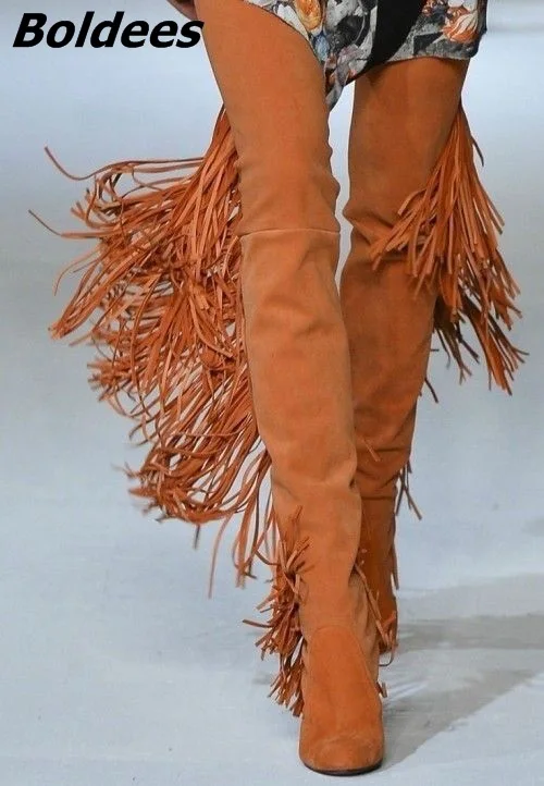 fringe high heel boots