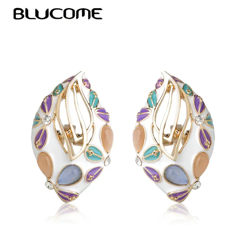 

Blucome Fantasy Shell Shape Jewelry Stud Earrings Simulated Opal Hollow Out Alloy Enamel Women Party Holiday Wedding Earrings