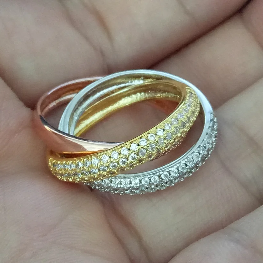 Triple Circles Gold/Rose Gold/Silver Ring Three Colors Luxury Jewelry 925 Silver Pave CZ Ring Women Wedding Finger Rings Gift