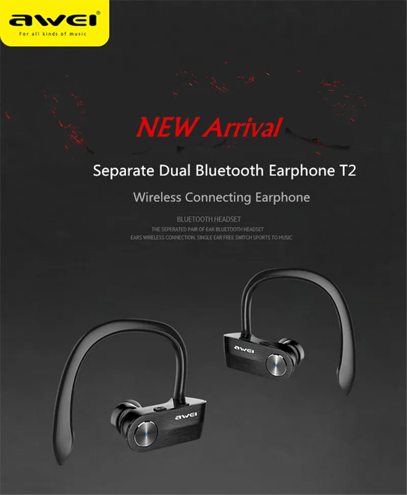 Оригинальные наушники вкладыши Awei T2 TWS с Спортивные крепление наушников Bluetooth