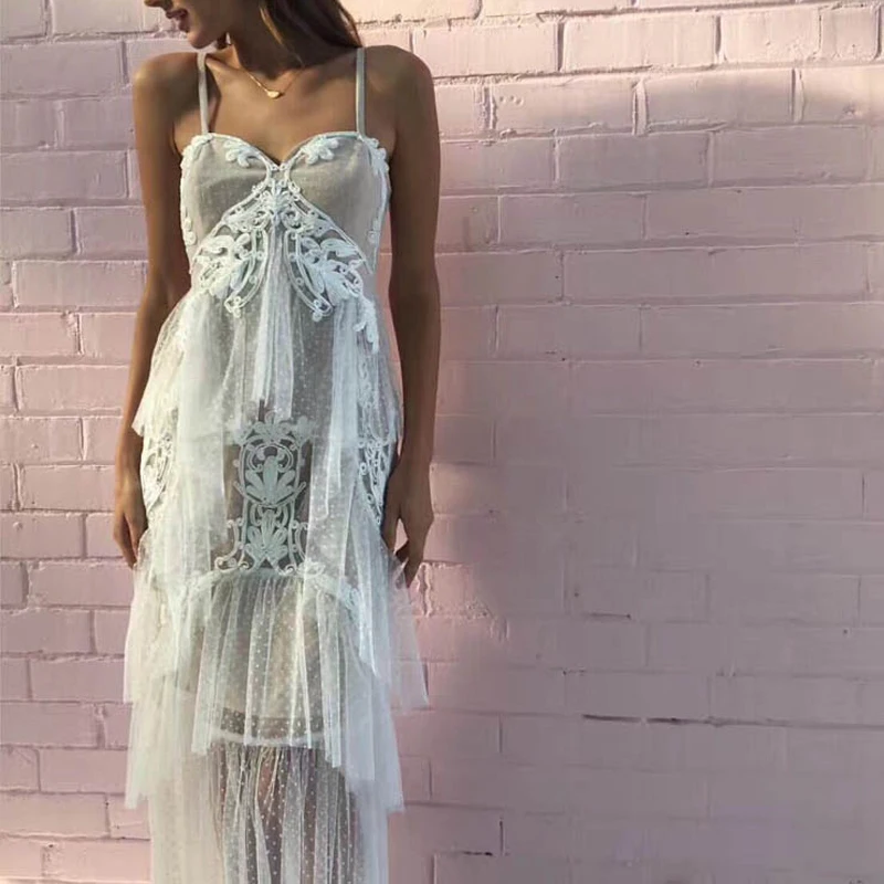 

2019 Summer Designer Lace Mesh White Woman Maxi Dress Sexy Backless High Waist Embroidery Ruffles Dress Beach Vacation Vestidos