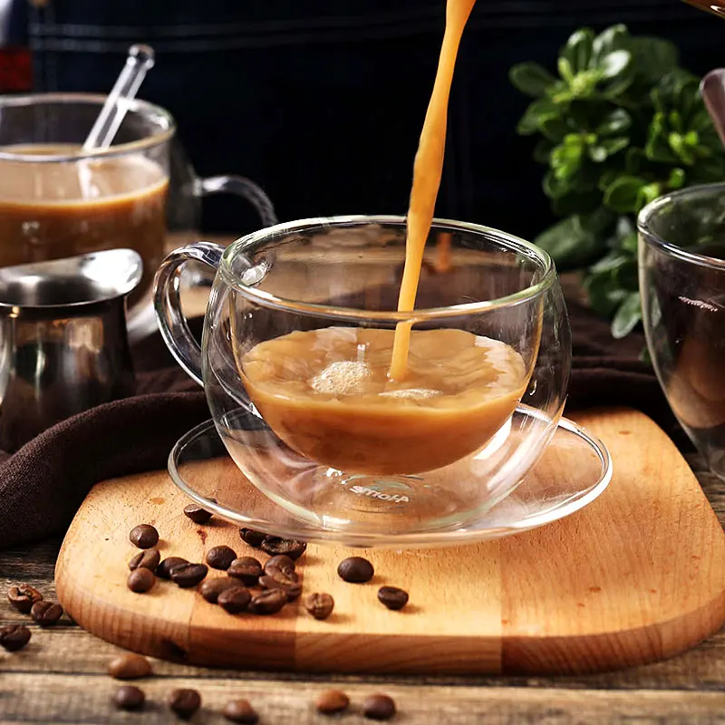 

260ML European Coffee Mugs Double Glass Coffee Cup with Saucer and Handle Cups and Mugs Cafe Cup Friend Gift
