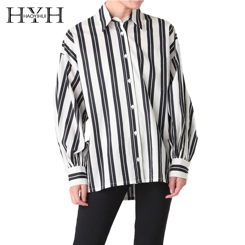 

HYH HAOYIHUI Women Long Striped Lantern Sleeve Shirt 2018 Autumn New Arrival Turn-down Collar Casual Color Block Top for Lady