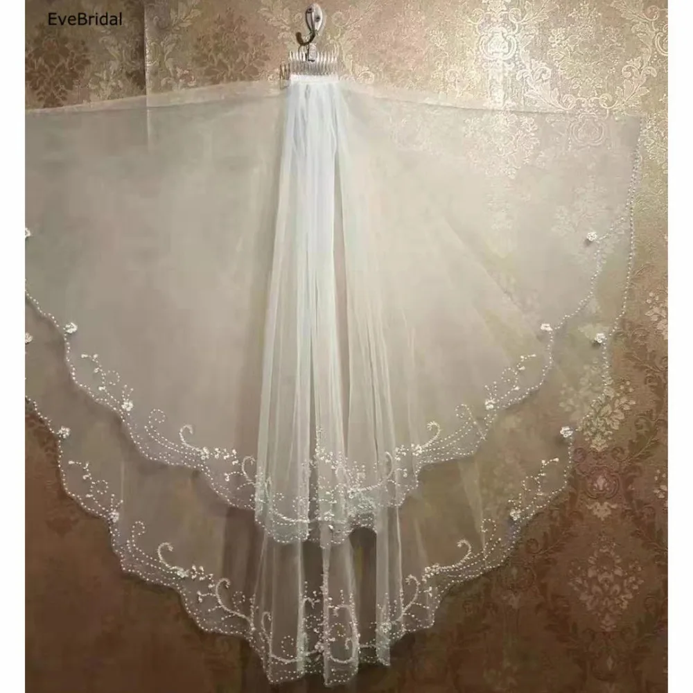Ivory Elbow Crystal Beaded Edge Wedding Veil Handmade 2 Layer Bridal White