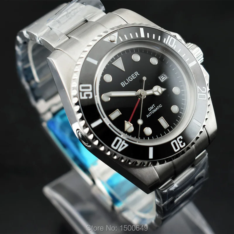 BLIGER большой 43 мм стерильный циферблат керамический ободок красный GMT автоматический Дата мужские наручные часы