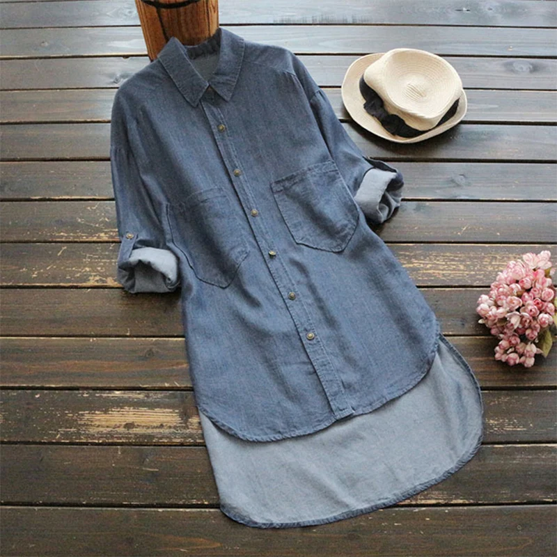 S 5XL Women Retro Casual V Neck Long Sleeve Baggy Denim Blue Shirts Solid Loose 2018 Fashion Spring Work Office Blouse Plus Size Blouses