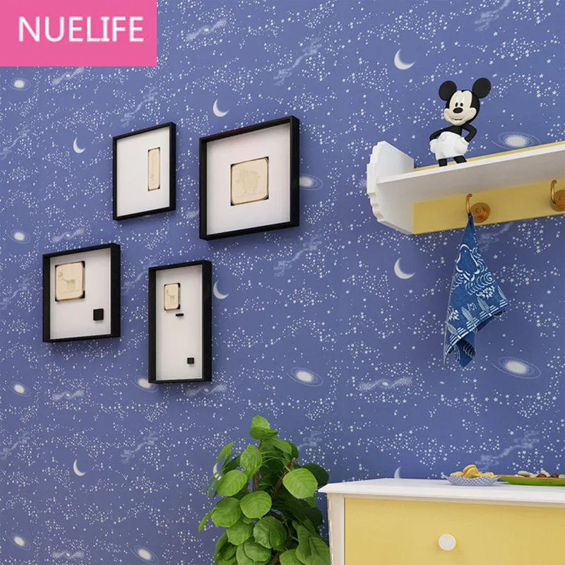 

0.53x10 Meter Child real blue moon luminous wallpaper cartoon male girl bedroom non-woven wallpaper decoration N12