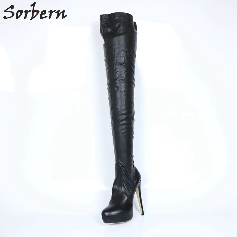 Sorbern/черные мягкие матовые сапоги до середины бедра из Pu искусственной кожи ботинки на платформе и каблуке большого размера Женская обувь, размер 11 обувь на тонком высоком каблуке индивидуального цвета