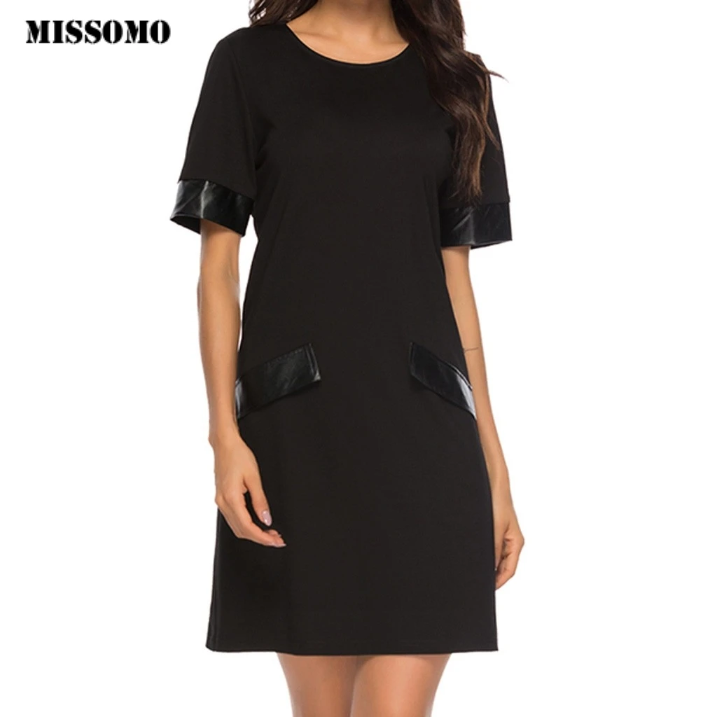 

MISSOMO Clothes Women dress black Leather Stitching Summer Dress Short mini elegant dress vestidos de verano femme sundress 610