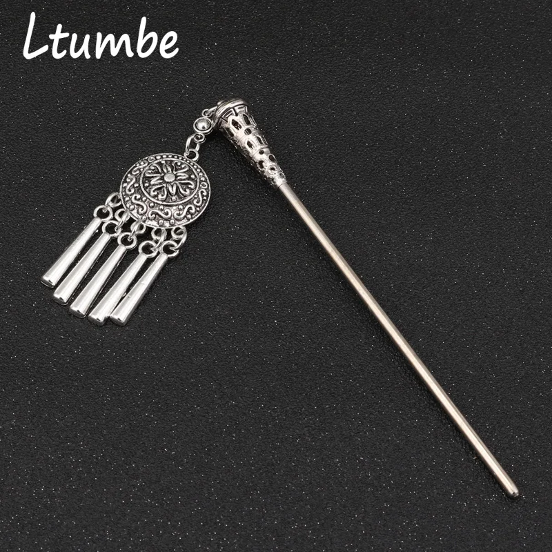 

Ltumbe Ethnic Gypsy Tibet Silver Color Bohemia Long Carved Flower Heart Stripe Tassel Hair Sticks for Women Hairpins Accessories