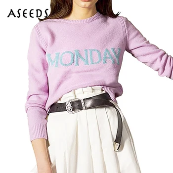 

Winter Autumn week pink knitted sweater women Sunday Monday pullover 2017 Fashion Christmas sweater casual Runway Pull Femme